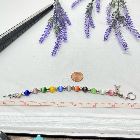 Hand Made Cats Eye Moonstone Multicolor Beaded Breast Cancer Ribbon Bracelet - Picture 2 of 4